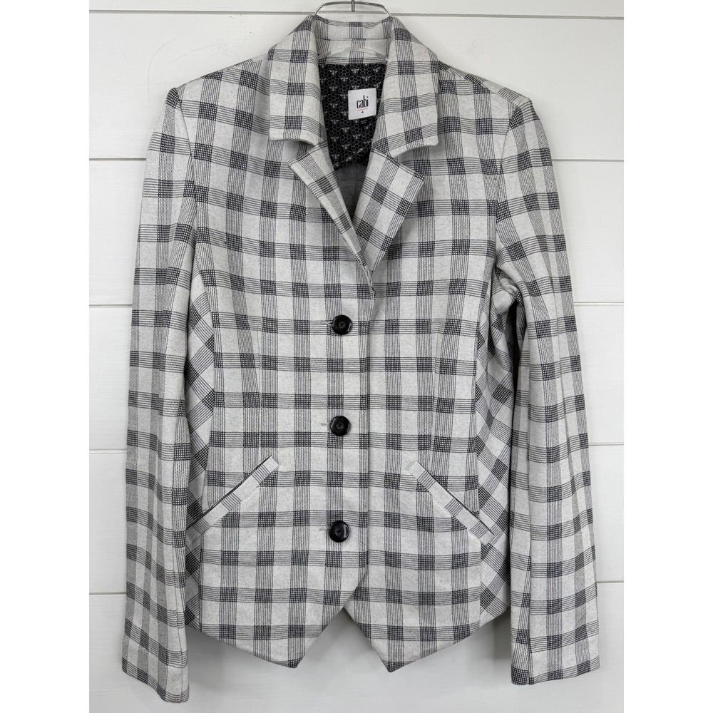 Cabi VALENTINA Blazer‎ Women Size 4 Black White Plaid Tailored Jacket